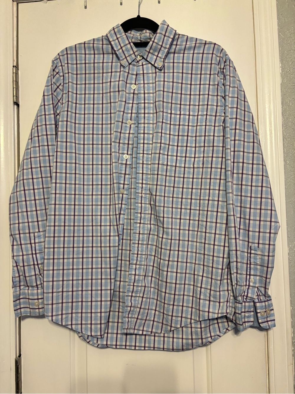 Saddlebred Light Blue, Purple, and White Plaid Button-Down Shirt